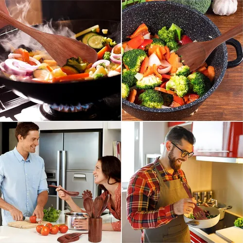 Vista 6 de Juego de utensilios de cocina, 16 piezas, cucharas de madera para cocinar, espátula antiadherente de teca natural con soporte para cuchara, agarre