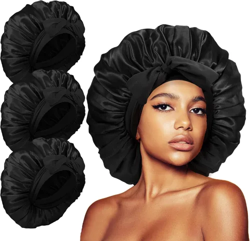Vista 15 de 3 gorros para dormir, gorro de seda extra satinado para mujeres que duermen con banda de amarre para cabello rizado, trenzas de capó jumbo