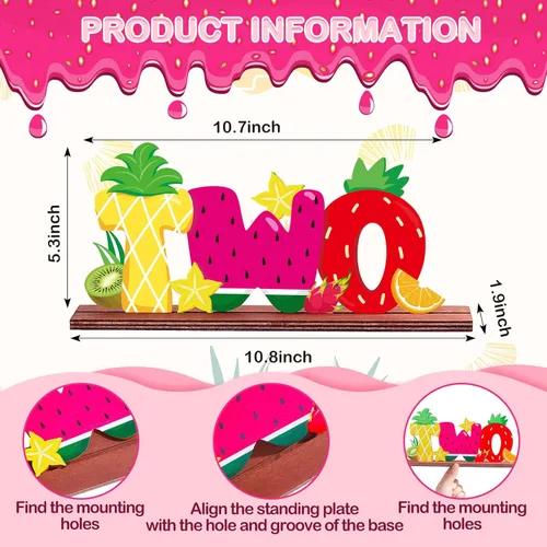 Vista 2 de Twotti Frutti - Letrero de dos letras de madera Tutti Frutti, centros de mesa de madera, piña, sandía, fresa, segundo cumpleaños, centros de mesa