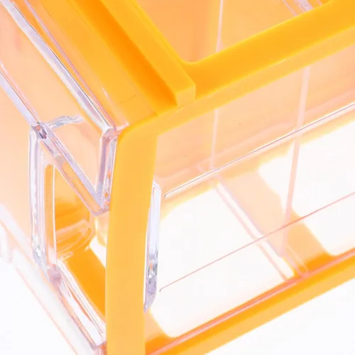 Vista 4 de Caja organizadora de cajones de escritorio modular apilable con múltiples contenedores de almacenamiento de plástico amarillo compacto