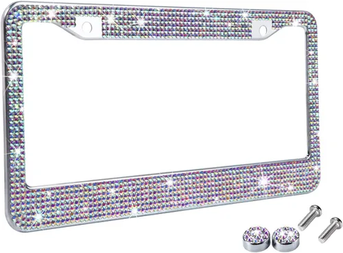 Vista 14 de Marco de matrícula con diamantes de imitación blanco para mujer, marco de placa de coche a prueba de óxido de metal, lindo accesorio de coche