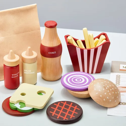 Vista 2 de Juego de comida de madera para niños, juego de hamburguesas de juguete de comida rápida, accesorios de cocina para niños pequeños, regalo de comida