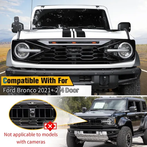 Vista 6 de Kits de parrilla frontal negra brillante con luces LED ámbar para parrilla compatibles con Ford Bronco 2021 2022 2023 2024 2025 2 puertas 4 puertas