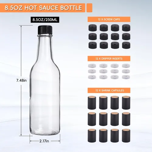 Vista 3 de Paquete de 12 botellas de vidrio para salsa picante de 8.5 onzas con tapas herméticas, botellas de vidrio vacías transparentes de 8.5 fl oz