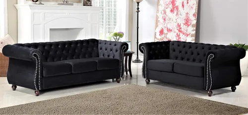 Vista 3 de Feinstein Chesterfield - Sala de estar moderna tapizada de terciopelo con cabezas de clavos brillantes, sofá biplaza y sofá, color negro medianoche