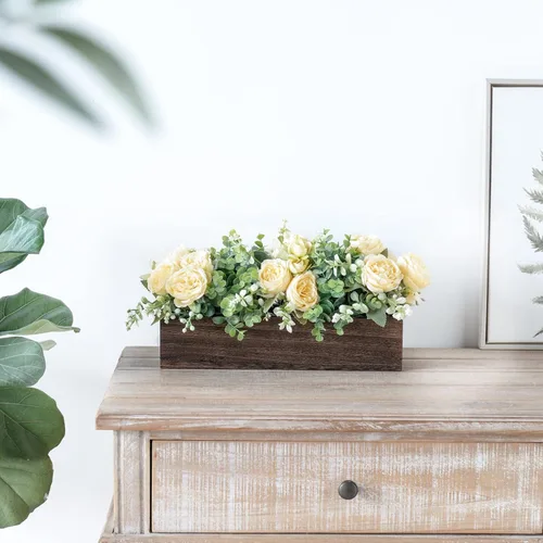 Vista 3 de Dahey Decoración de mesa de centro de mesa para comedor, mesa de granja, bandeja de madera con 3 flores artificiales y 2 eucaliptos para sala