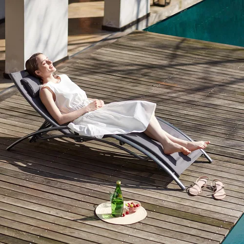 Vista 6 de Juego de 2 tumbonas para patio al aire libre, 5 posiciones de respaldo ajustables, silla de patio ajustable con reposacabezas adecuada para piscina
