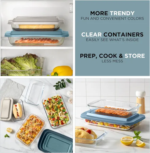 Vista 7 de COOK WITH COLOR - Juego de 8 piezas de refractarios profundos de vidrio con tapas de plástico, para hornear y almacenar alimentos, aptos para Azul