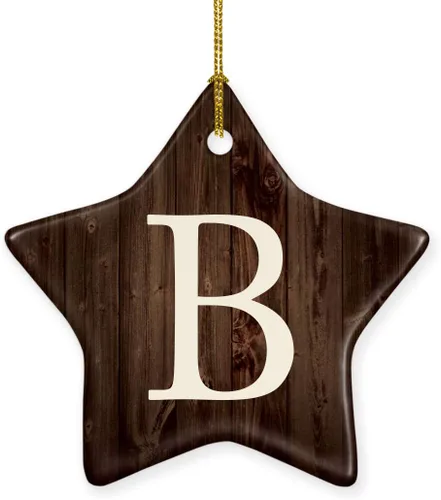 Andaz Press Monograma de porcelana de cerámica con estrella para árbol de Navidad, recuerdo coleccionable, letra inicial B, madera rústica oscura, 1