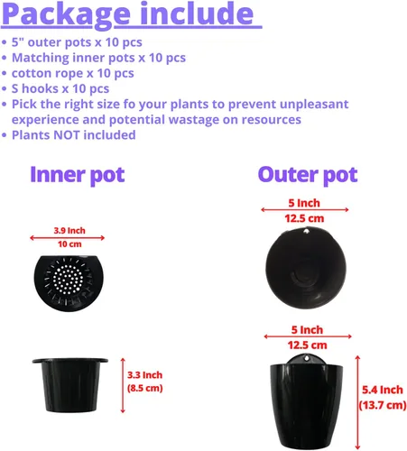 Vista 4 de ShopLaLa Paquete de 10 macetas de plástico con riego automático de 5 pulgadas + macetas colgantes de madera blanca verticales montadas en la pared