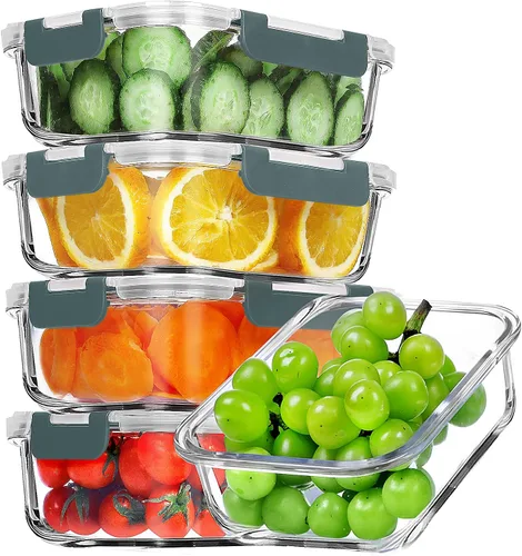 Vista 8 de VERONES Paquete de 5 recipientes de 36 onzas de vidrio para preparar comidas, juego de recipientes de vidrio herméticos para almuerzos, recipientes