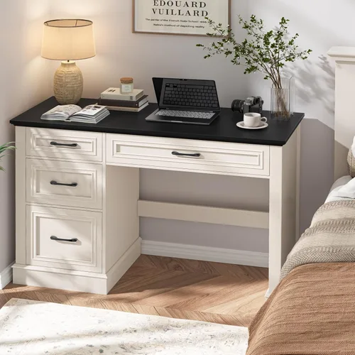 Vista 6 de Vabches Farmhouse 47" Executive Desk with 3 Drawers and Adjustable File Drawer, Workstation Computer Desk for Home Office, Study, Black.