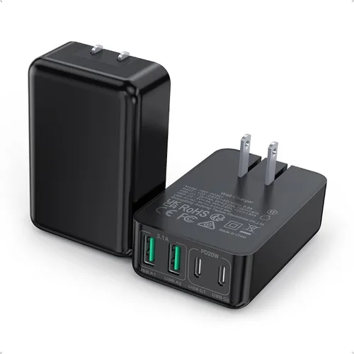 Paquete de 2 bloques de carga USB C planos, 40 W, 4 puertos, cargador rápido de 20 W, bloque de carga tipo C, cargador de pared USB de 3.1 A, doble