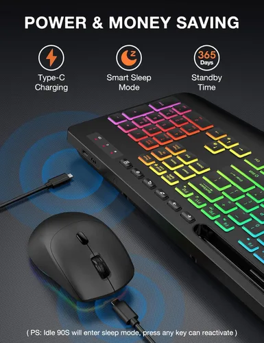Vista 5 de Combo de teclado y mouse inalámbricos, 9 efectos retroiluminados, RGB, reposamuñecas ergonómico, soporte para teléfono, tamaño completo 2.4G