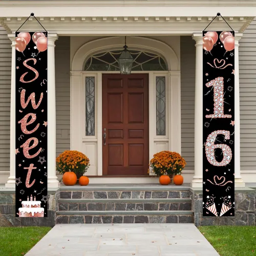 Vista 4 de Decoraciones de fiesta de dulces 16, decoraciones de feliz cumpleaños número 16 para niñas de dieciséis años, pancarta de puerta de cumpleaños