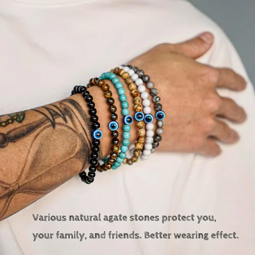 Vista 2 de Kit de pulsera elástica de ágata de piedra natural contra el mal de ojo con dijes ajustables para hombres, novio, para regalo, pulsera elástica