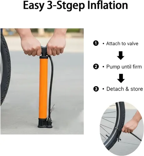 Vista 5 de Bomba de bicicleta portátil con mango ergonómico, naranja y negro, bomba de aire manual compacta para neumáticos de bicicleta