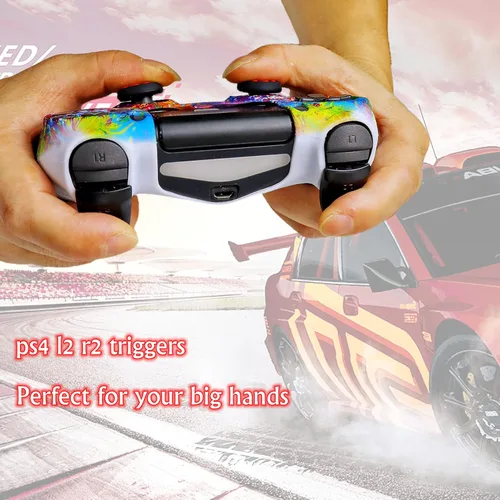 Vista 5 de Funda de silicona para controlador PS4, 2 fundas antideslizantes con 10 empuñaduras de joystick, 2 pares L2 R2, 4 piezas de barra de luz LED