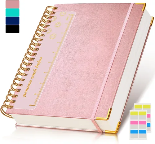 Cuaderno de espiral de 8.5 x 11 pulgadas, 300 páginas de tapa dura con forro de cuero para mujeres y hombres, cuadernos A4 grandes a rayas Rosado