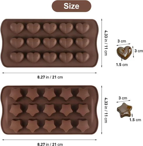 Vista 3 de 2 moldes de silicona con forma de corazón y estrella, 15 cavidades para chocolate, bandejas de cubitos de hielo, dulces, pasteles, 100 % de grado