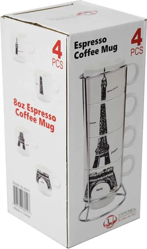 Vista 3 de Uniware Chic Eiffel Tower Paris - Juego de tazas de café de porcelana apilables con soporte de acero inoxidable, caja de regalo (juego de 4 tazas)