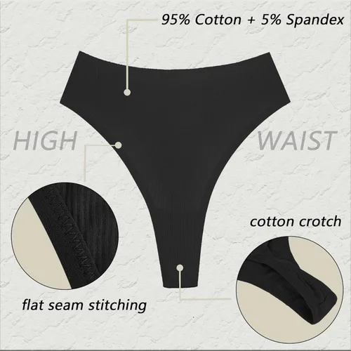 Vista 5 de Tangas de algodón acanalado de cintura alta para mujer, calzones deportivos elásticos de corte alto, ropa interior transpirable, paquete de 6