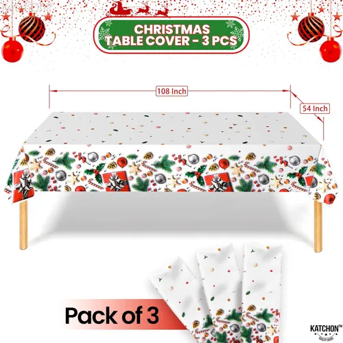 Vista 2 de KatchOn, XtraLarge - Mantel de Navidad de plástico, paquete de 3, 108 x 54 pulgadas, mantel de vinilo desechable de Navidad, decoraciones navideñas