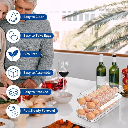 Vista 6 de MesRosa Organizador de Huevos para Nevera, Organizador de Huevos Automático con Rodillos para Refrigerador, Contenedor y Bandeja de Huevos