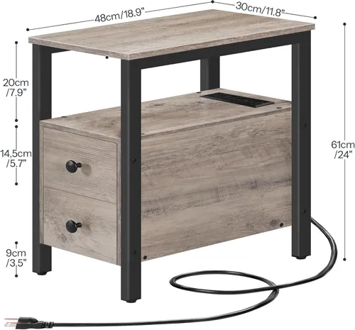 Vista 3 de HOOBRO Mesa auxiliar con estación de carga, mesa auxiliar estrecha con 2 cajones, puertos USB y tomas de corriente, mesita de noche para espacios