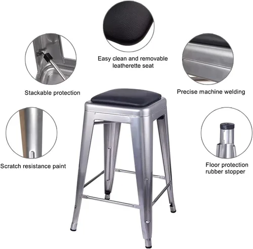 Vista 23 de GIA Taburete de mostrador sin respaldo de 24 pulgadas, cantidad de 4, bronce con asiento de madera clara