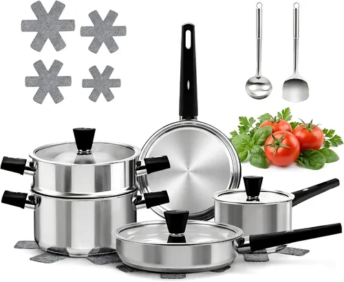 Meythway - Juego de 14 piezas de utensilios de cocina de acero inoxidable para estufas de inducción – Ollas y sartenes no tóxicas con mangos de