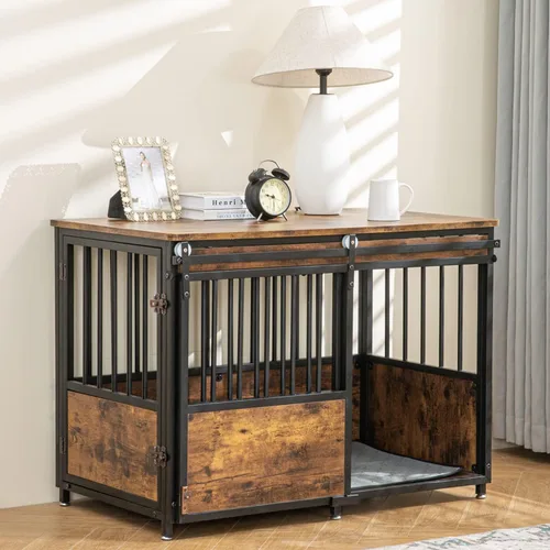 Vista 8 de KOOPRO Mueble de jaula para perros de 32 pulgadas con cojín para perros grandes y medianos, perrera de madera resistente con puertas dobles, jaula