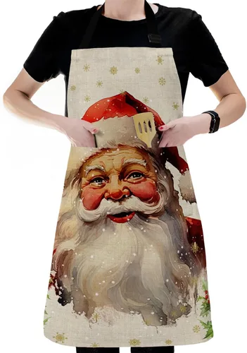 Vista 6 de Christmas Bib Aprons with Pockets Waterproof, Adjustable Apron for Men Women Xmas Santa Berry Botanical Winter Snowflake