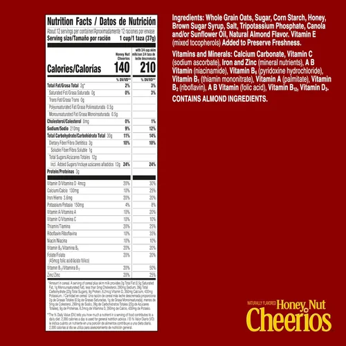 Vista 2 de Cheerios Honey Nut, cereales para el desayuno saludables para el corazón, sin gluten, con avena integral, tamaño grande, 15.4 onzas