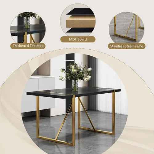 Vista 4 de Juego de mesa de comedor moderna de 55 pulgadas para 4, mesa de comedor negra y marco de metal dorado, mesa de comedor rectangular con 4 sillas