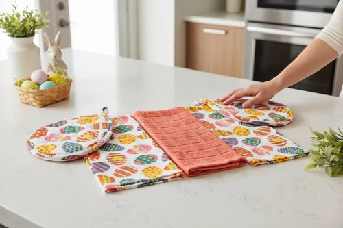 Serafina Home Easter Kitchen Towel Set with Pot Holders, Spring Colored Eggs Design, 100% Cotton, White Orange Green, 5 Piece Set