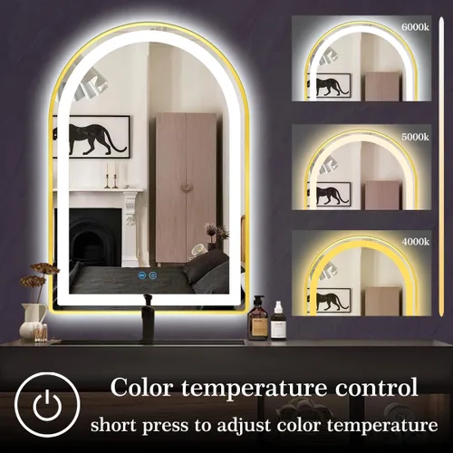 Vista 4 de Espejo LED de arco dorado de 16 x 24 pulgadas para baño, pared, maquillaje, mesa, escritorio, espejo de tocador dorado con luces, memoria