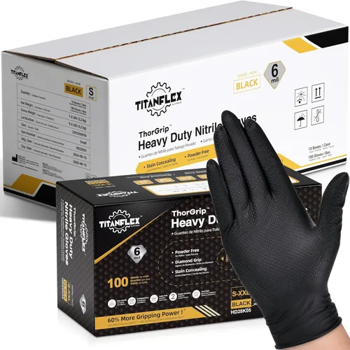 Vista 11 de TitanFlex Guantes industriales de nitrilo negros resistentes con textura de diamante elevado, sin látex (6mil/8mil)