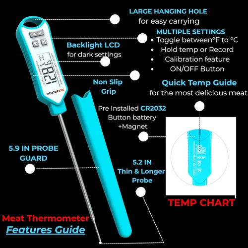 Vista 2 de Termómetro digital de carne, termómetro de lectura instantánea para alimentos, temporizador de cocina impermeable antideslizante y termómetro