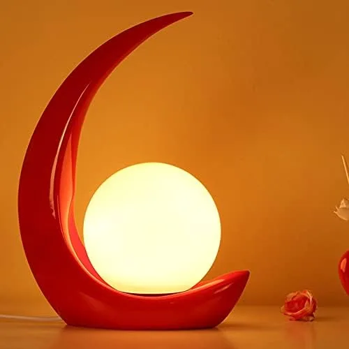 Lámpara de mesita de noche, moderna, creativa, moderna, de media luna, luz de resina, 1 bombilla, lámpara de mesita de noche en rojo con bola de