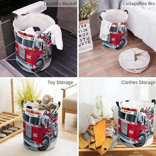 Vista 4 de LiDU Cesta de lavandería plegable de 17 pulgadas, cesta de ropa impermeable para camión de bomberos rojo, para baño, dormitorio, sala de estar