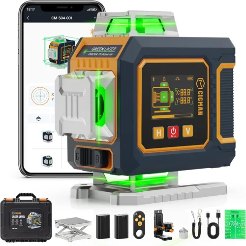 Vista 10 de CIGMAN Nivel láser de 4 x 360° con 16 líneas con control remoto y APP, láser de línea cruzada autonivelante verde, línea vertical/horizontal 4D