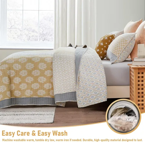 Vista 7 de PANGUSHAN Juego de edredón tamaño King, juego de ropa de cama 100% algodón, juego de edredón de retazos florales para cama King, colcha de cama