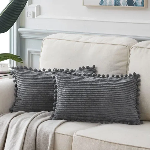 Vista 36 de Fancy Homi Juego de 2 fundas de almohada decorativas negras de 12 x 12 pulgadas con pompones para sofá y cama, decoración moderna de estilo bohemio