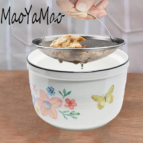 Vista 4 de Recipiente de grasa de tocino de cerámica con colador, lata de almacenamiento de aceite de cocina 17oz (colorido)