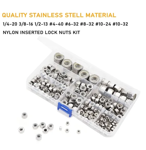 Vista 2 de cSeao Kit surtido de tuercas de seguridad insertadas de nailon SAE Nylock (1/4-20 3/8-16 1/2-13#4-40#6-32#8-32#10-24#10-32), acero inoxidable 304