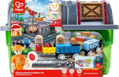 Vista 7 de Hape Conjunto Railway Bucket Builder Juguete de Tren de Madera Multicolor de 50 Piezas, Kit de Construcción para Niños