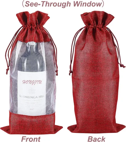 Vista 4 de Bolsas de vino de yute, 10 bolsas de arpillera roja para botellas de 25.4 fl oz con ventana transparente, bolsas de regalo de organza con cordón