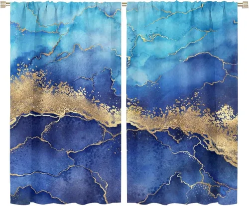 Vista 19 de Cortinas abstractas con estampado de mármol negro y dorado, patrón retro para sala de estar, cocina, dormitorio, paneles opacos de 42 x 45 pulgadas
