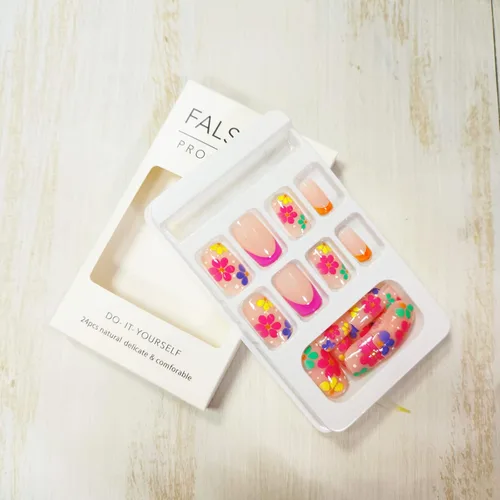 Vista 3 de Uñas postizas cuadradas a presión con punta francesa, uñas postizas a presión con diseños de flores coloridas, uñas postizas a presión de cobertura